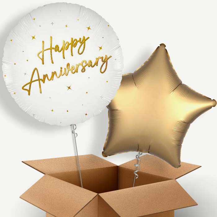 White and Gold Happy Anniversary Helium Balloon Two | Party Save Smile