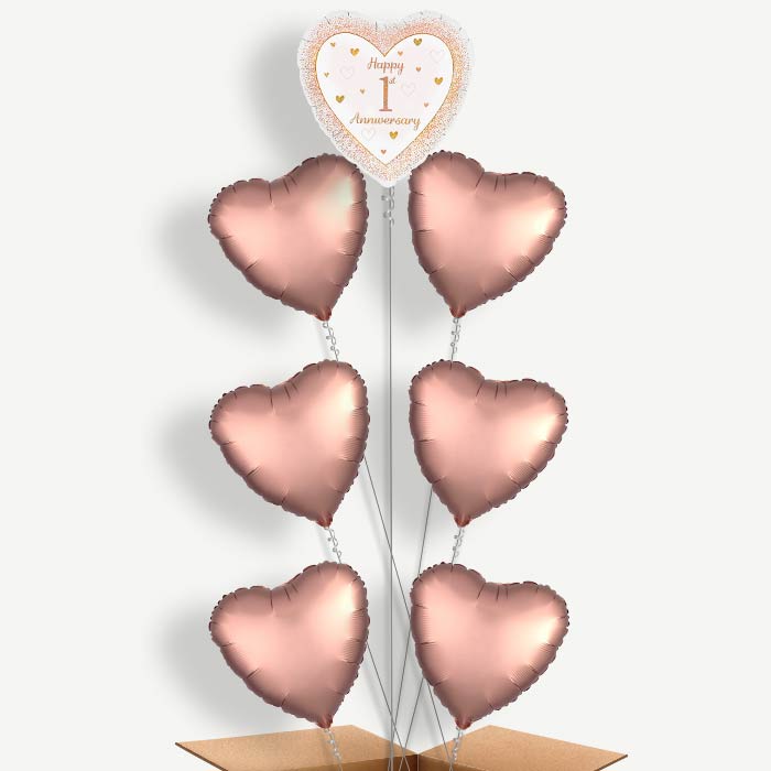 Rose Gold Happy 1st Anniversary Helium Balloon Arrangement | Party Save Smile