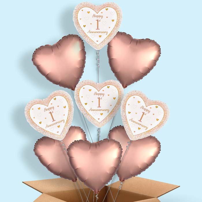 Rose Gold Happy 1st Anniversary Helium Balloon in a Box - 9 Balloon | Party Save Smile