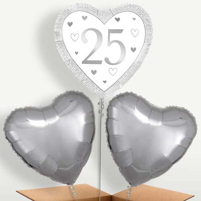 Silver Happy 25th Anniversary Heart Helium Bunch of Balloons | Party Save Smile