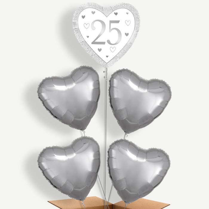 Silver Happy 25th Anniversary Heart Helium Balloon Cluster | Party Save Smile