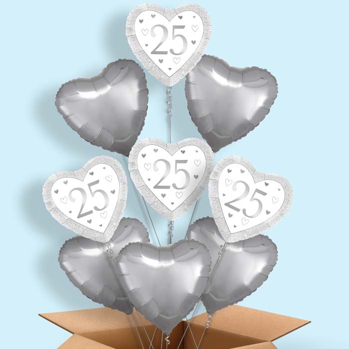 Silver Happy 25th Anniversary Heart Helium Balloon in a Box - 9 Balloon | Party Save Smile