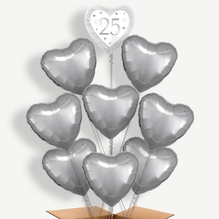 Silver Happy 25th Anniversary Heart Helium Balloon Bundle | Party Save Smile