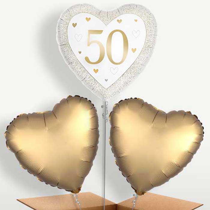 Gold Happy 50th Anniversary Heart Trio Balloon Bunch | Party Save Smile