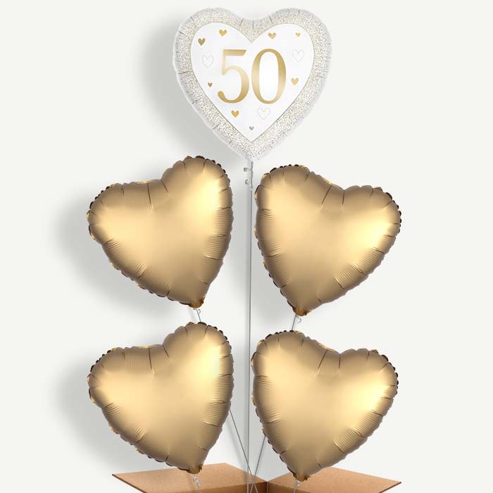Gold Happy 50th Anniversary Heart Helium Cluster Balloons | Party Save Smile