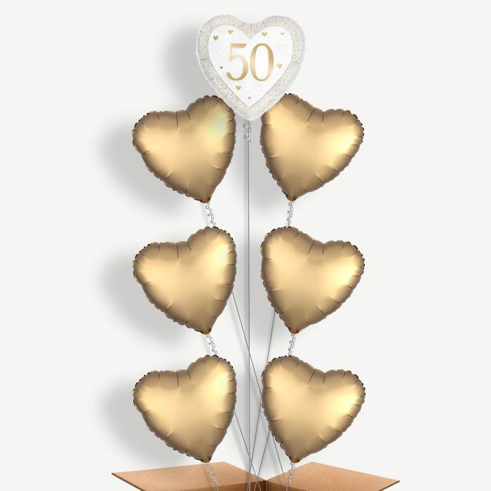 Gold Happy 50th Anniversary Heart Helium Balloon Arrangement | Party Save Smile