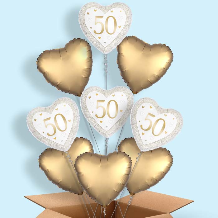 Gold Happy 50th Anniversary Heart Helium Balloon in a Box - 9 Balloon | Party Save Smile