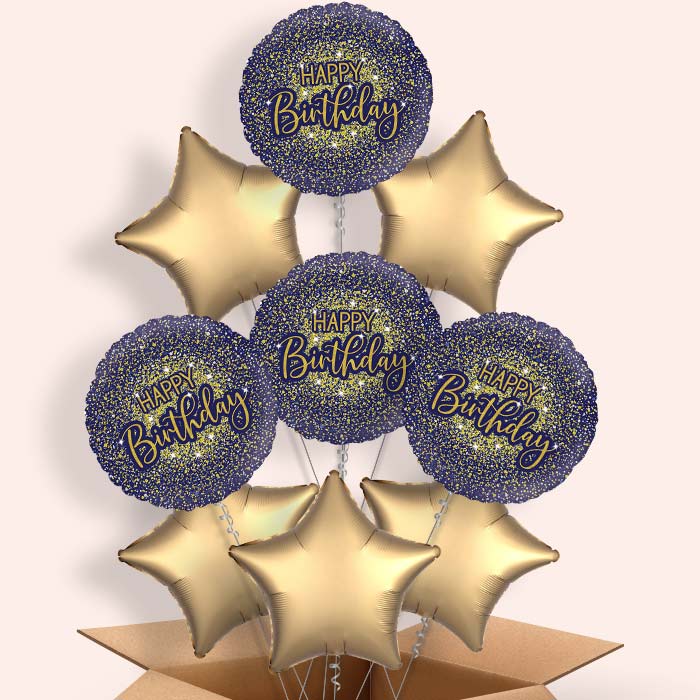 Navy Blue & Gold Glitter Birthday Helium Balloon in a Box - 9 Balloons | Party Save Smile