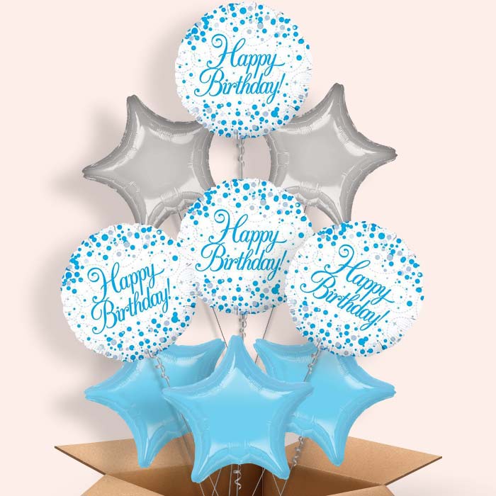 Blue and White Birthday Helium Balloons in a Box - 9 Balloon | Party Save Smile