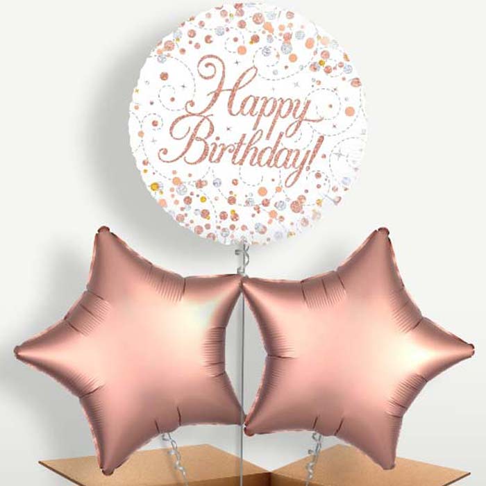 Rose Gold Birthday Trio Balloon Bunch inflated with Helium | Party Save Smile