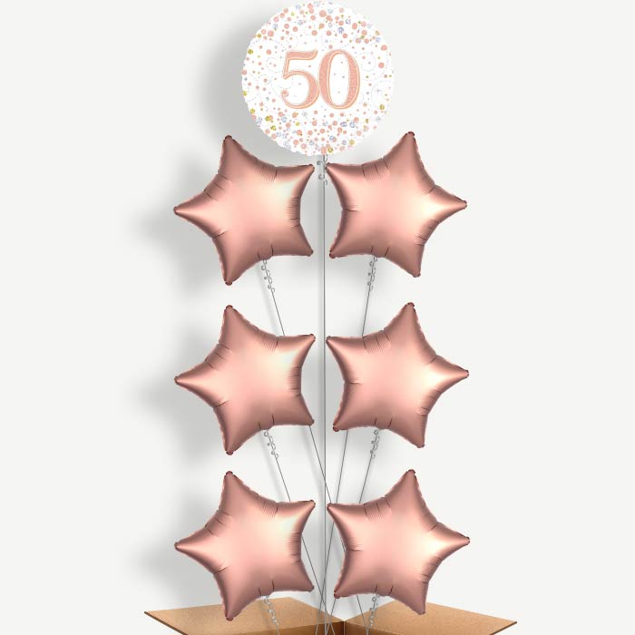 Rose Gold & White 50th Birthday Helium Balloon Arrangement | Party Save Smile