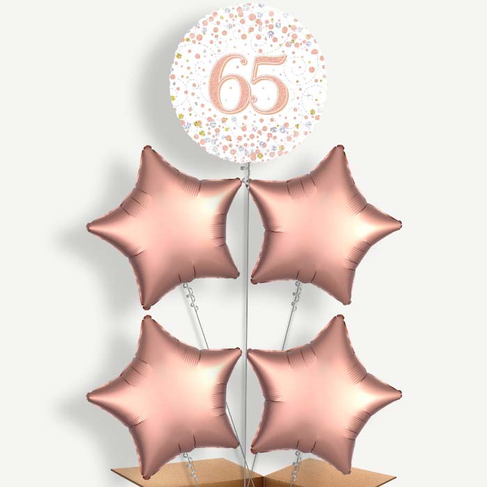 Rose Gold & White 65th Birthday 5 Helium Cluster Balloons