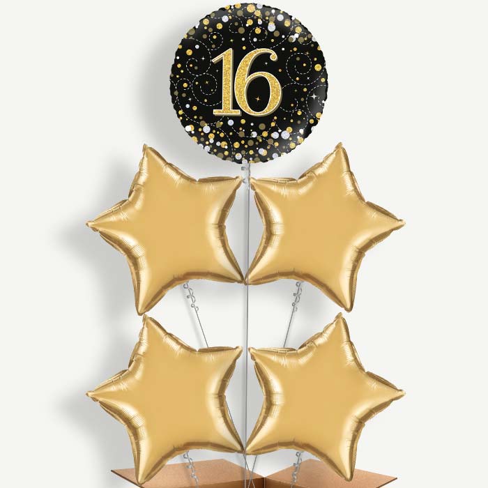 Black & Gold 16th Birthday Helium Cluster Balloons | Party Save Smile