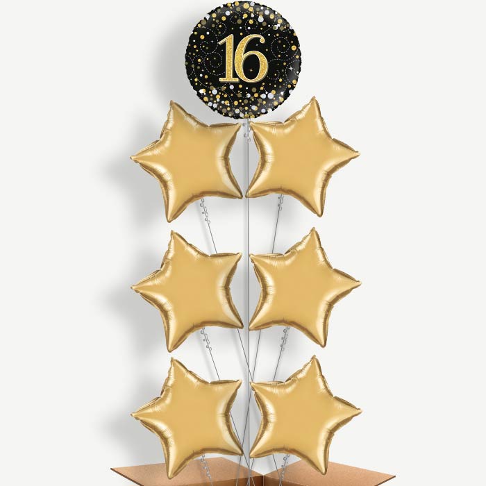 Black & Gold 16th Birthday Helium Balloon Arrangement | Party Save Smile