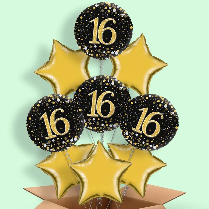 Black & Gold 16th Birthday Helium Balloon in a Box - 9 Balloon | Party Save Smile