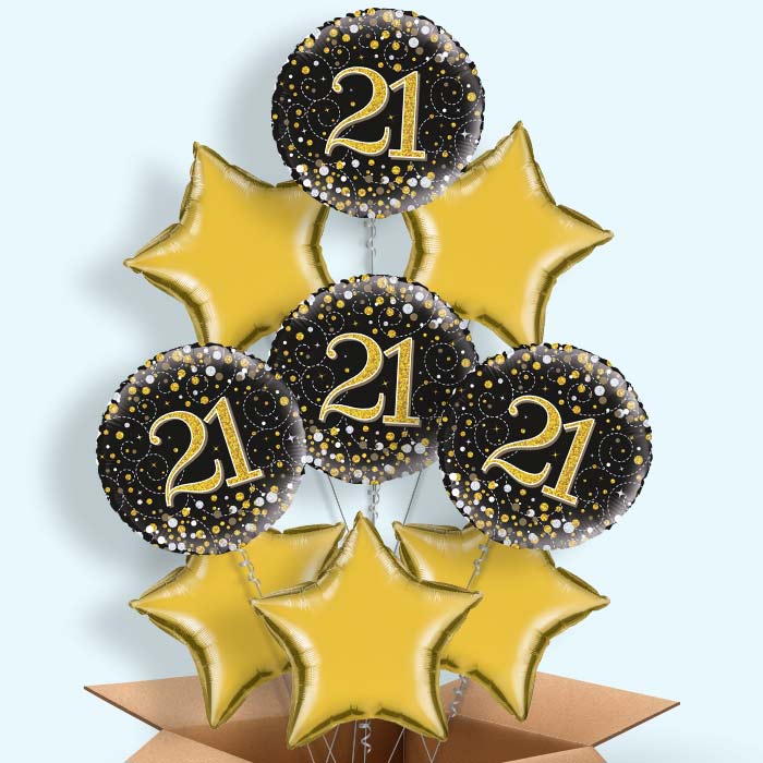 Black Gold 21st Birthday Helium Balloons in a Box - 9 Balloon | Party Save Smile