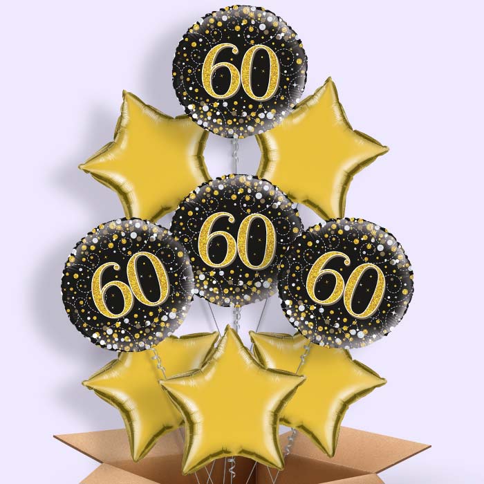 Black and Gold 60th Helium Balloons in a Box - 9 Balloon | Party Save Smile
