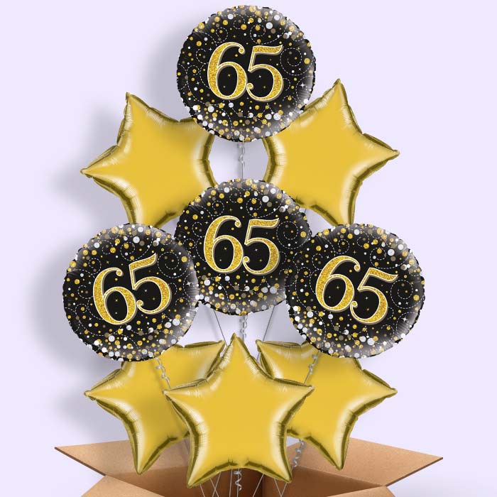 Black Gold 65th Birthday Helium Balloons in a Box - 9 Balloon | Party Save Smile