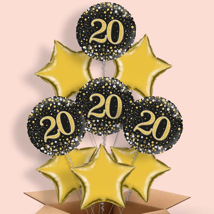 Black Gold 20th Birthday Helium Balloons in a Box - 9 Balloon | Party Save Smile