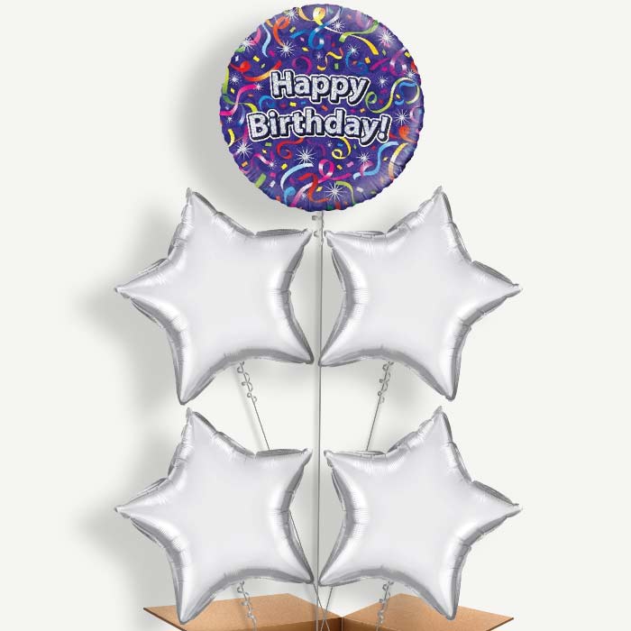 Purple Streamers Happy Birthday Helium Cluster Balloons | Party Save Smile