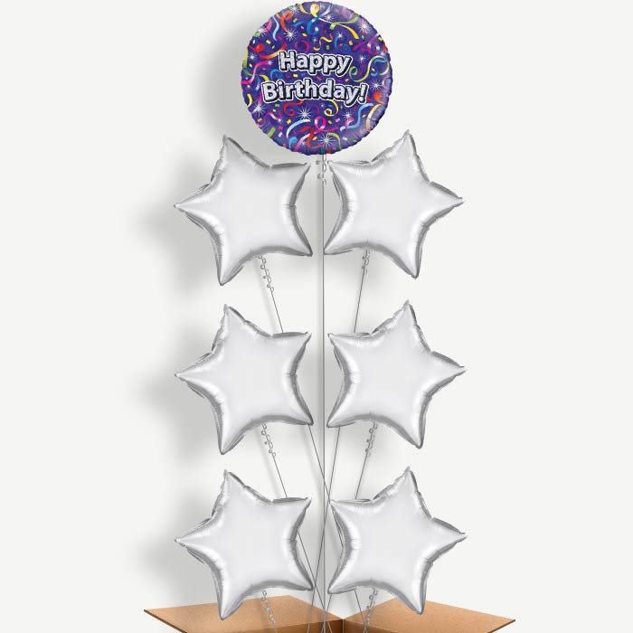 Purple Streamers Happy Birthday Helium Balloon Arrangement | Party Save Smile