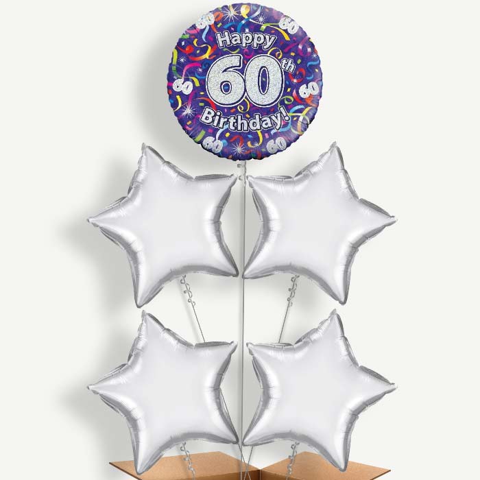 Purple Streamers Happy 60th Birthday Helium Cluster Balloons | Party Save Smile