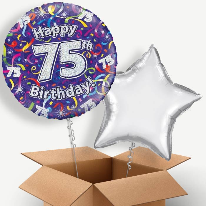 Purple Streamers Happy 75th Birthday Helium Balloon Couple | Party Save Smile