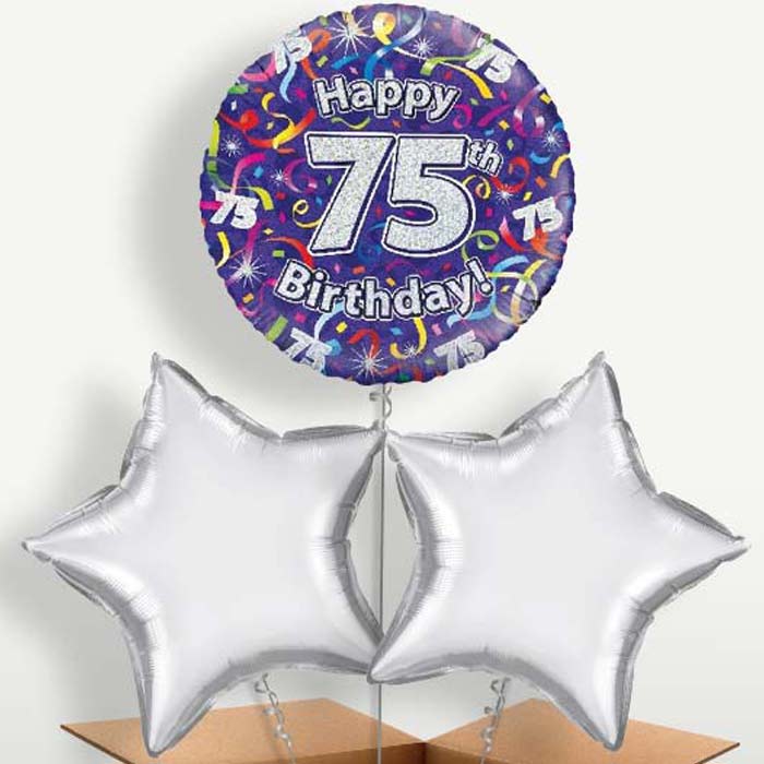 Purple Streamers Happy 75th Birthday Trio Balloon Bunch | Party Save Smile