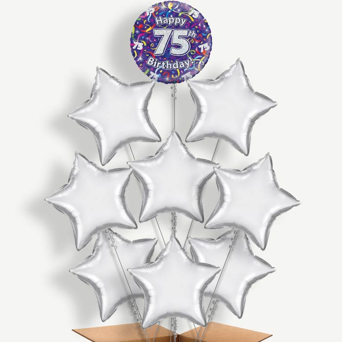 Purple Streamers Happy 75th Birthday Helium Balloon Bundle | Party Save Smile