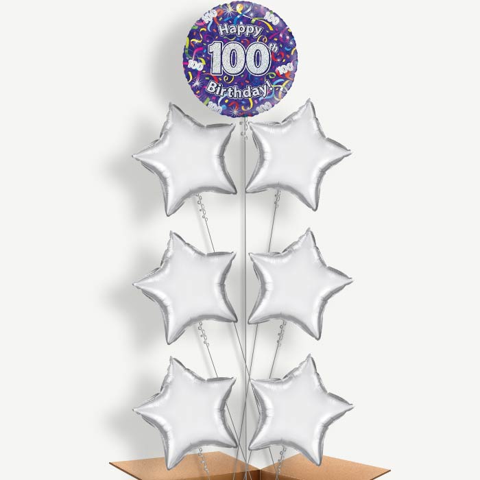 Purple Streamers Happy 100th Birthday Balloon Arrangement | Party Save Smile