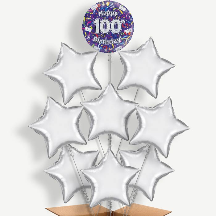 Purple Streamers Happy 100th Birthday Helium Balloon Bundle | Party Save Smile