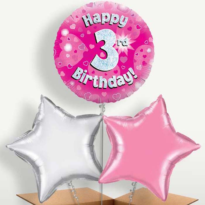 Happy 3rd Birthday Pink Hearts Trio Balloon Bunch | Party Save Smile
