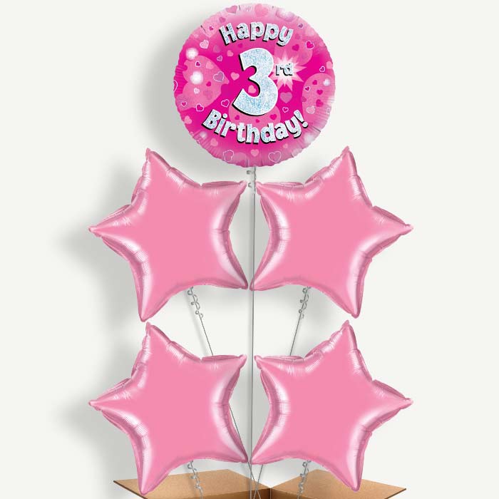 Happy 3rd Birthday Pink Hearts Helium Cluster Balloons | Party Save Smile
