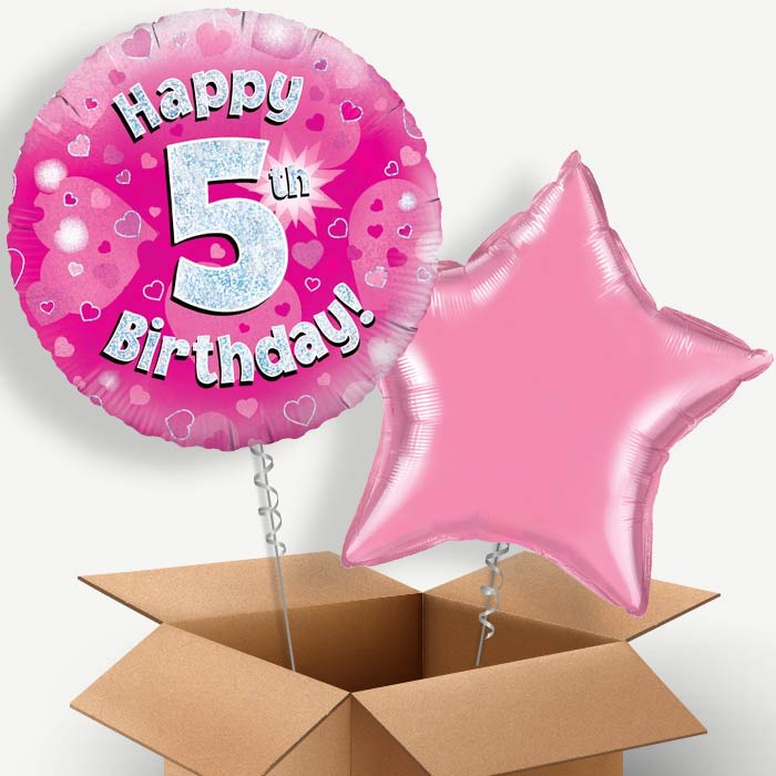 Happy 5th Birthday Pink Hearts Helium Balloon Duo | Party Save Smile
