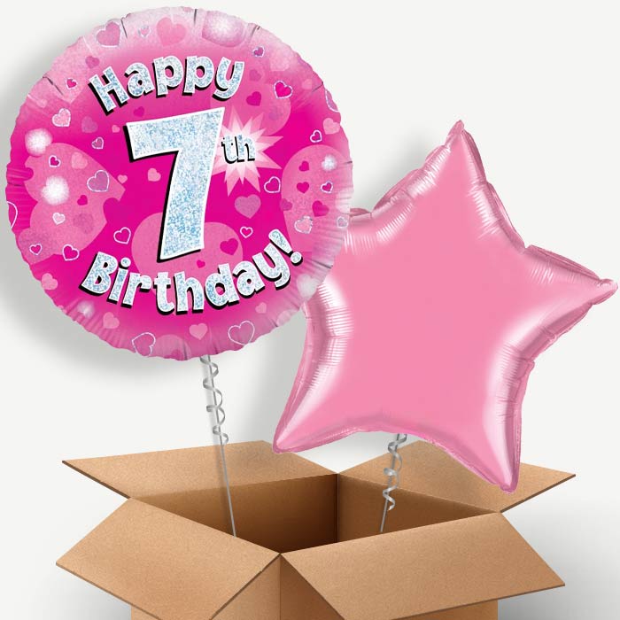 Happy 7th Birthday Pink Hearts Helium Balloon Pair | Party Save Smile