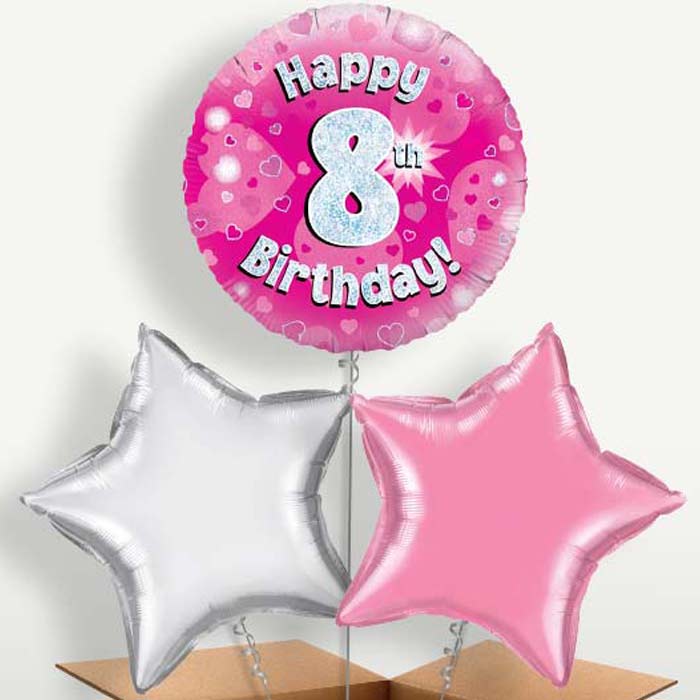 Happy 8th Birthday Pink Hearts Balloons in a Bunch | Party Save Smile