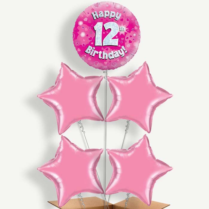 Pink 12th Birthday Balloon Cluster Inflated with Helium | Party Save Smile
