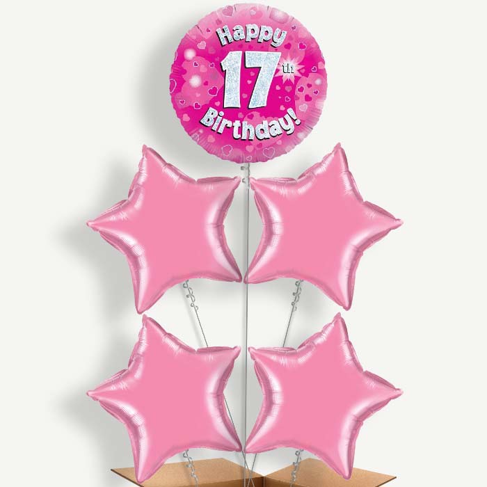 Happy 17th Birthday Pink Hearts Helium Cluster Balloons | Party Save Smile