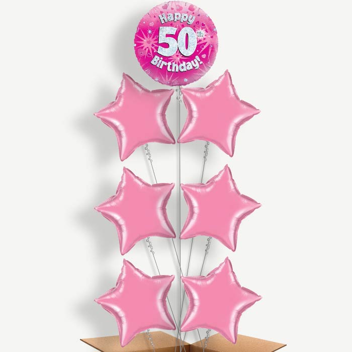 Happy 50th Birthday Pink Hearts Helium Balloon Arrangement | Party Save Smile