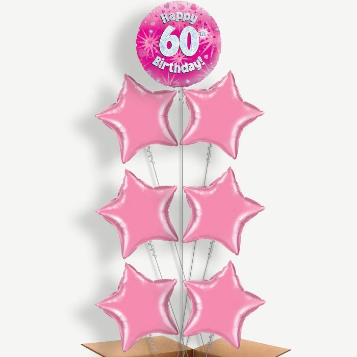 Happy 60th Birthday Pink Hearts Helium Balloon Arrangement | Party Save Smile