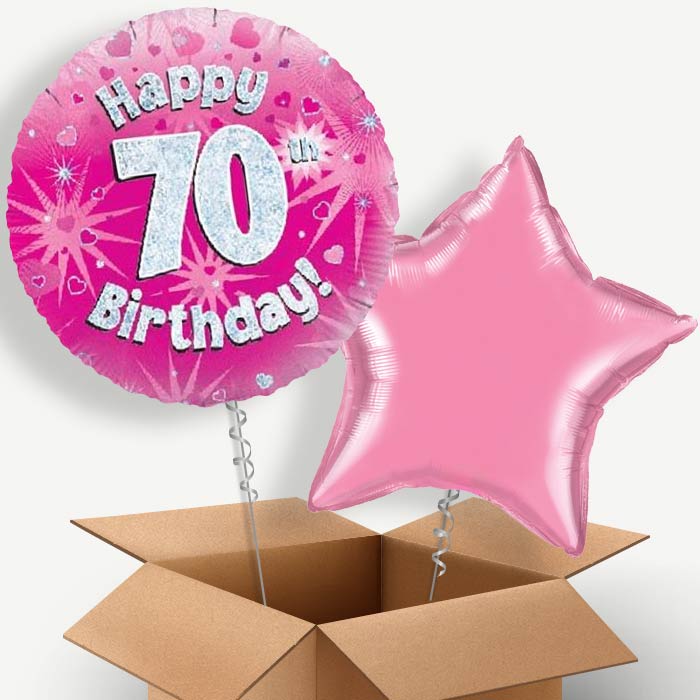 Happy 70th Birthday Pink Hearts Helium Balloon Duo | Party Save Smile