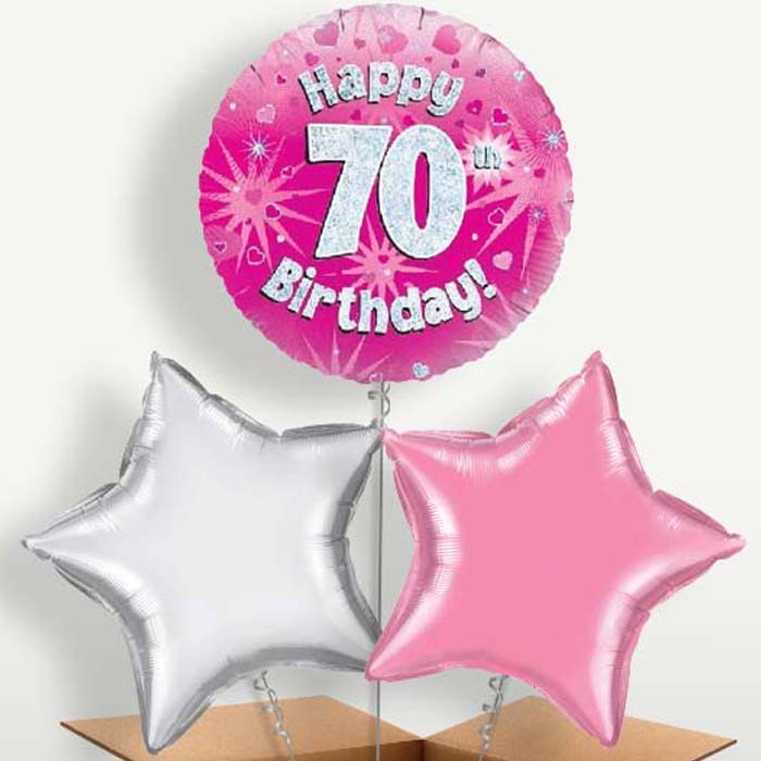 Happy 70th Birthday Pink Hearts Balloons in a Bunch | Party Save Smile