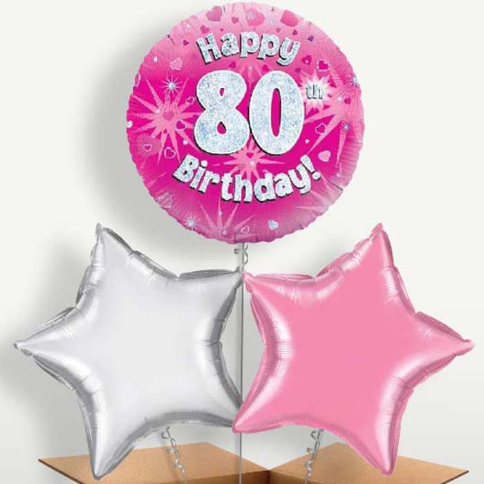 Happy 80th Birthday Pink Hearts Balloons in a Bunch | Party Save Smile