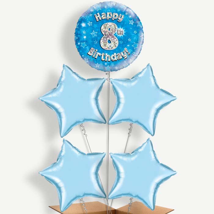 Happy 8th Birthday Blue Stars Helium Cluster Balloons | Party Save Smile