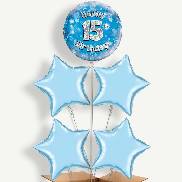 Happy 15th Birthday Blue Stars Helium Cluster Balloons | Party Save Smile
