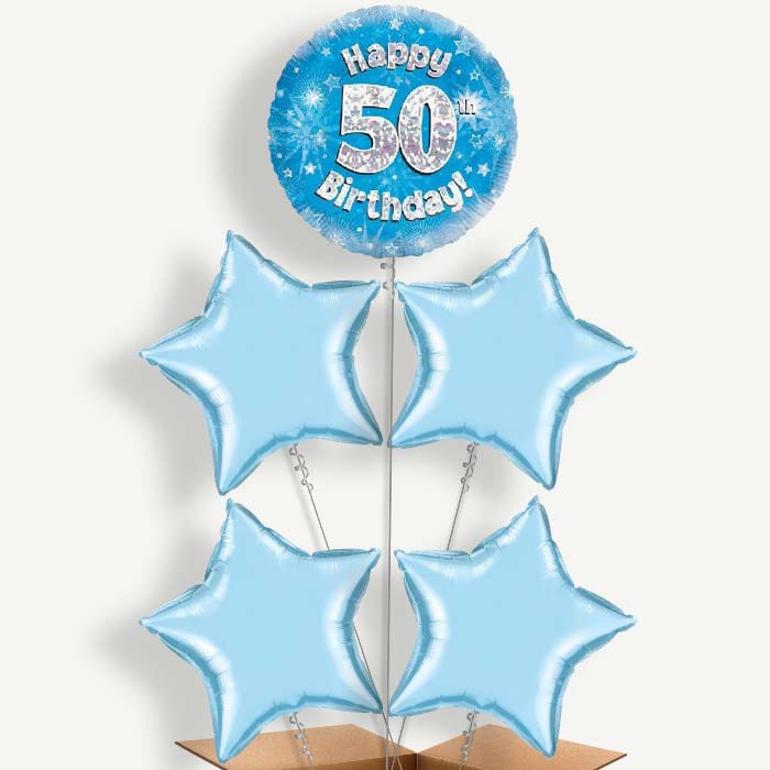 Happy 50th Birthday Blue Stars Helium Cluster Balloons | Party Save Smile