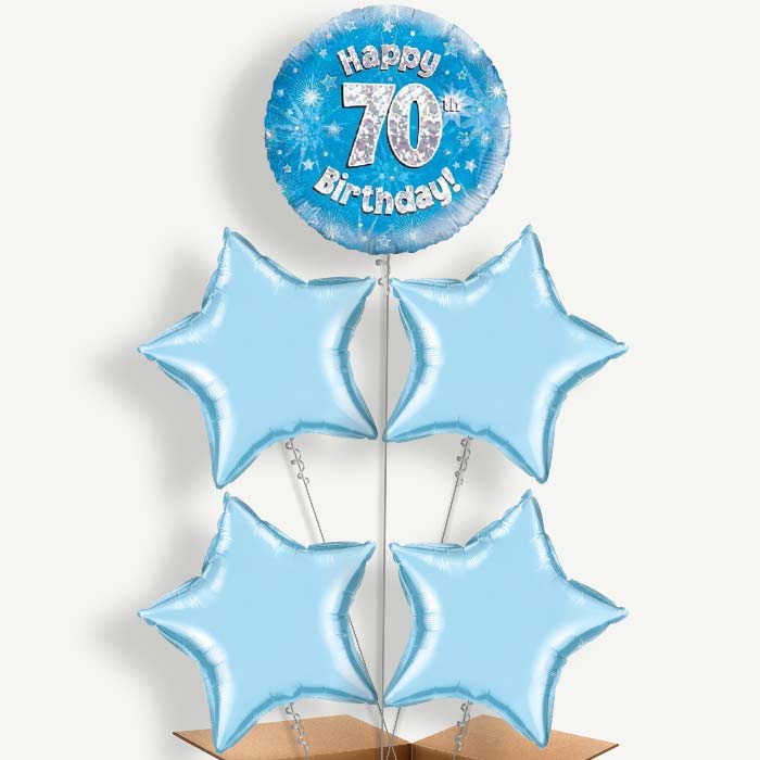 Happy 70th Birthday Blue Stars Helium Cluster Balloons | Party Save Smile