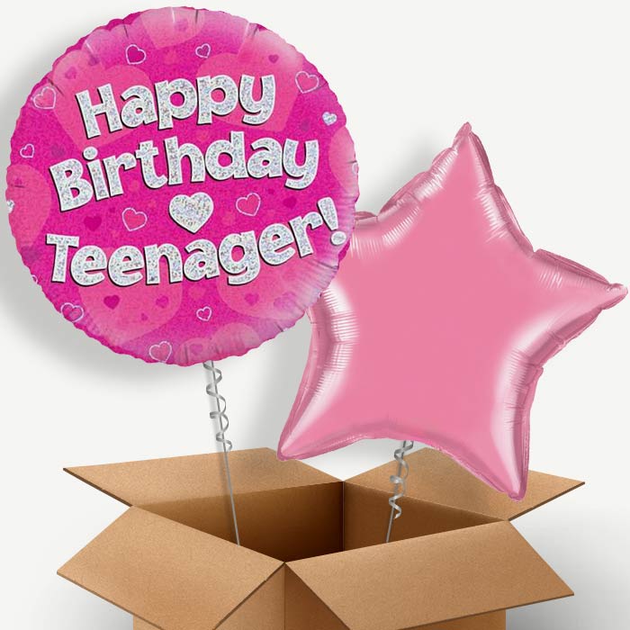 Happy Birthday Teenager Pink Hearts Helium Balloon Pair | Party Save Smile