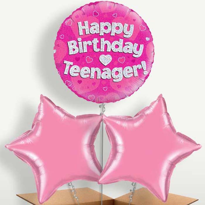 Happy Birthday Teenager Pink Hearts Balloons in a Bunch | Party Save Smile