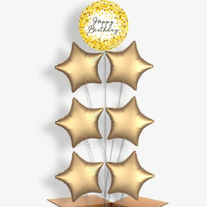 Gold Confetti Happy Birthday Helium Balloon Arrangement | Party Save Smile